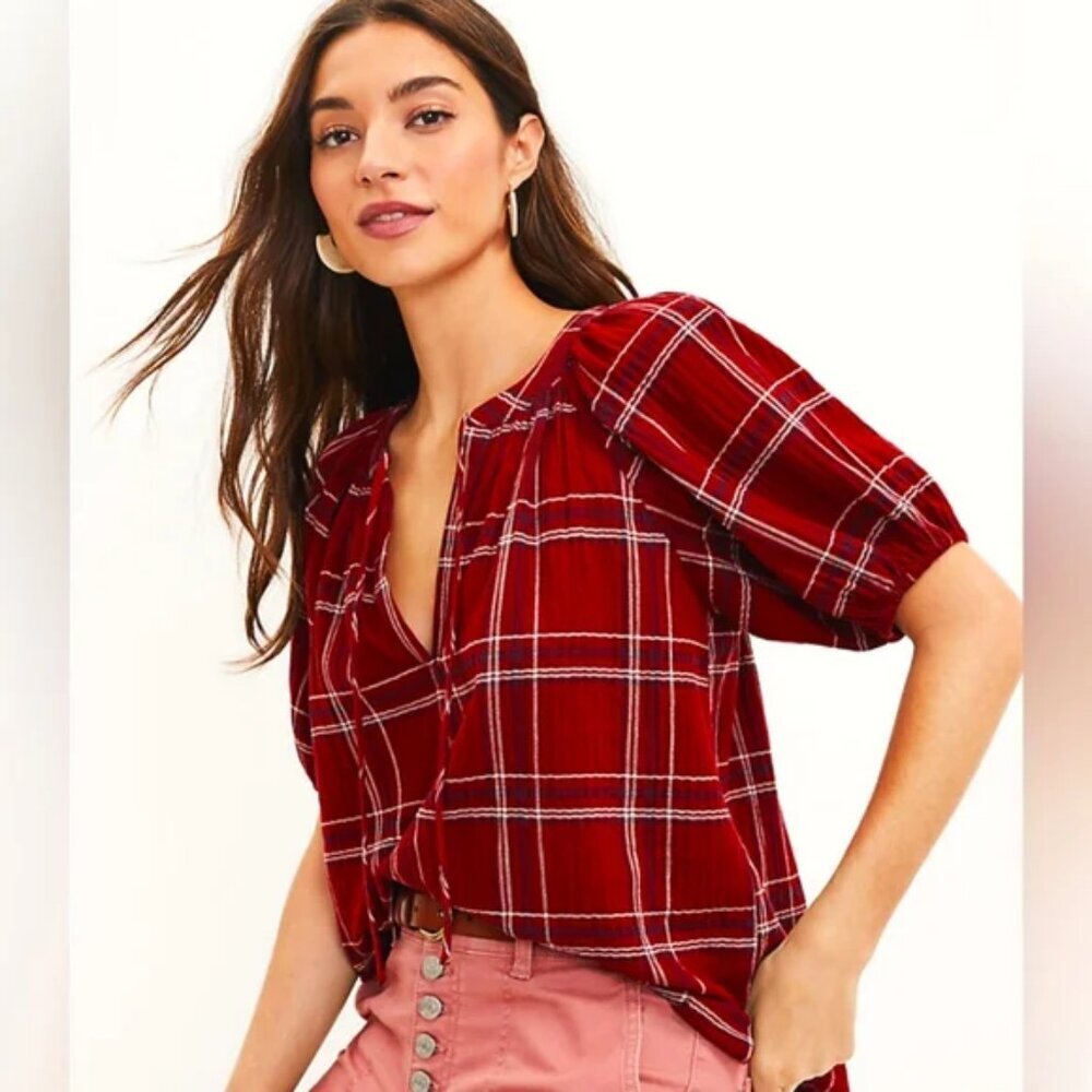 Loft Red Plaid Tie-Neck Puff Sleeve Top